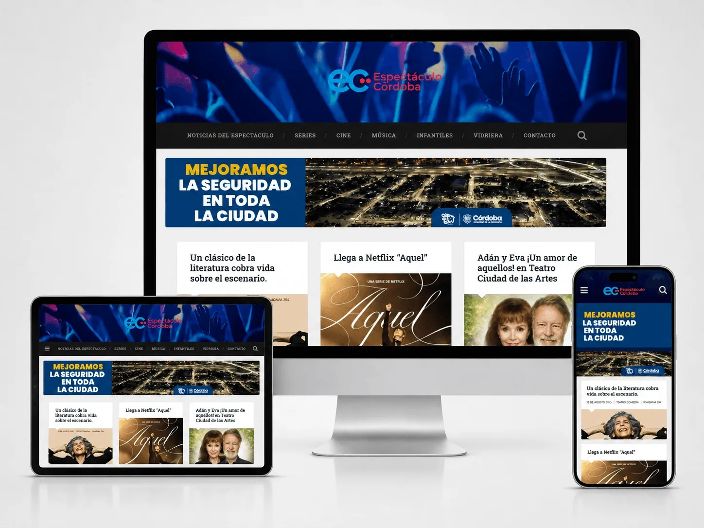 Diseño responsive del sitio web Espectáculo Córdoba en computadora, tablet y celular.