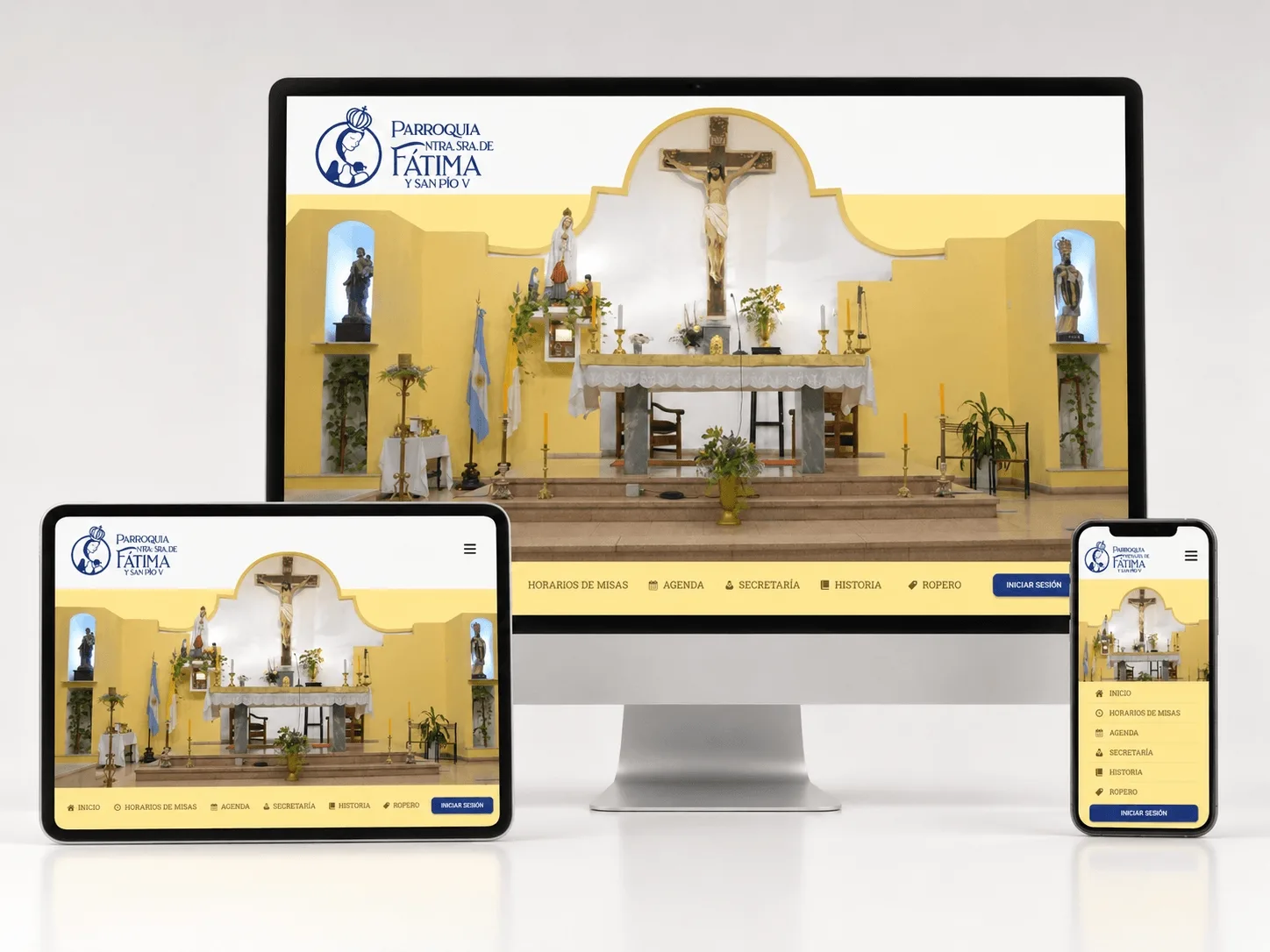 Diseño responsive del sitio web de la Parroquia Nuestra Señora de Fátima en computadora, tablet y celular.
