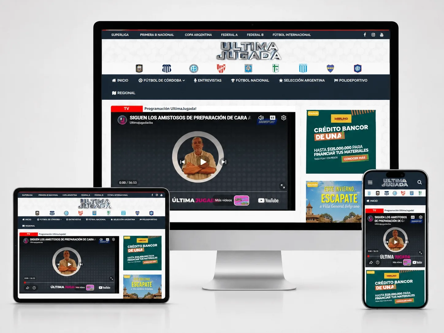 Diseño responsive del sitio web Última Jugada en computadora, tablet y celular.